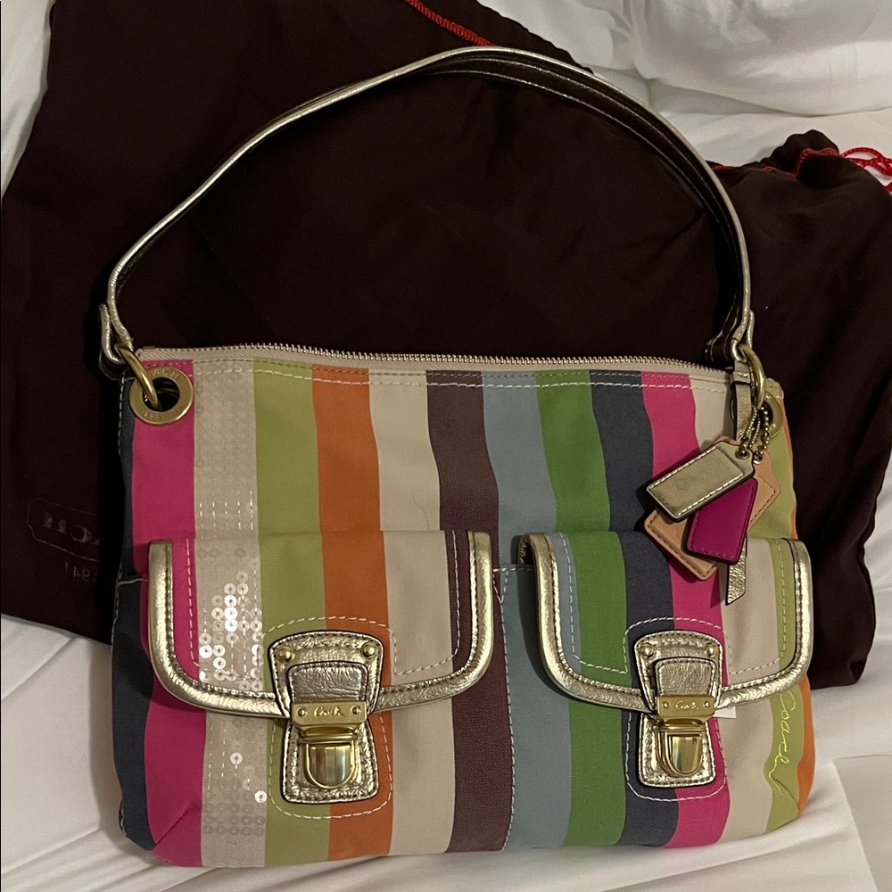 Coach Poppy Legacy Striped Multicolor Shoulder Bag with Gold Accents